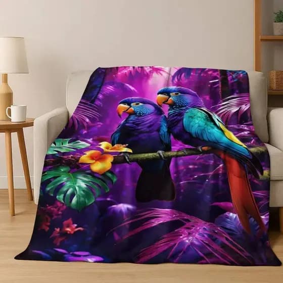 Colorful Flannel Blanket for Tropical Parrot, Natural Birds, Art, Soft and Cozy Home, Bedroom, Ca VBSA