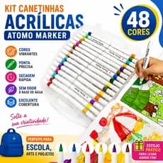 Kit Canetinhas Acrílicas 48 Cores Átomo Marker Estojo Escolar Desenho Arte Artesanato Premium