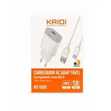 Carregador Turbo KAIDI 18W QC3.0 USB Tipo-C Carregamento Rápido