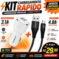 ⚡ Kit Carregador Veicular Turbo 3.1A + Cabo Type-C Reforçado | Dual USB Carga Rápida 🚗