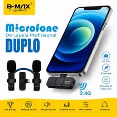 Microfone Lapela Sem Fio B-MAX Profissional 2.4G Plug Play iPhone Android