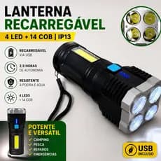 Lanterna Recarregável 4 LED + 14 COB USB Potente IP13 Camping Pesca Emergência Alfacell