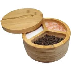 Caixa de Sal e Pimenta de Bambu, Saleiro e Pimenteiro com 3 Compartimentos, Tampa e Colher, Recipiente para Condimentos