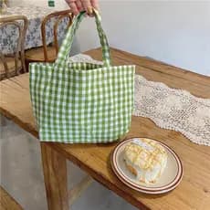 Bolsa de Almoço de Algodão e Linho Estilo Vintage com Padrão Xadrez para Piquenique e Caminhada Casual