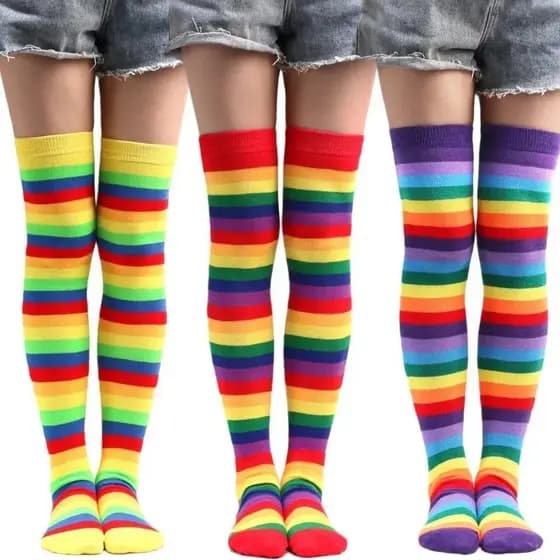 Mulheres Meninas Fantasia Arco-Íris Listras Coloridas Sobre O Joelho Meias Longas Halloween Cosplay Traje De Malha Estir