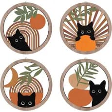 HPNIUB Decoração de Parede Boho Gato Preto, Arte de Parede de Madeira Geométrica Estilo Fazenda, 4 Peças 10''x10'', Plac
