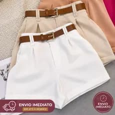 Short Alfaiataria Feminino Social com Cinto Cintura Alta PROMOÇÃO