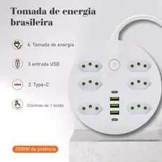 Régua de Energia 6 Tomadas 6 tomadas 3 USB 2 Type-C 2500W Controle Único Design Seguro e Resistente ao Fogo