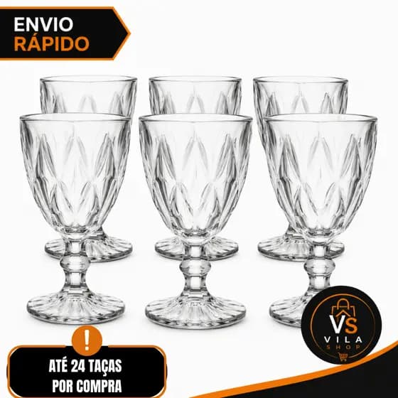 Kit 3, 6 ou 12 Taças Vidro Diamante 340ml Transparente Luxo Elegante Copo Água Vinho Suco Taça Diamond