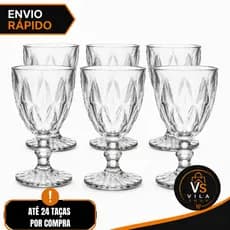 Kit 3, 6 ou 12 Taças Vidro Diamante 340ml Transparente Luxo Elegante Copo Água Vinho Suco Taça Diamond
