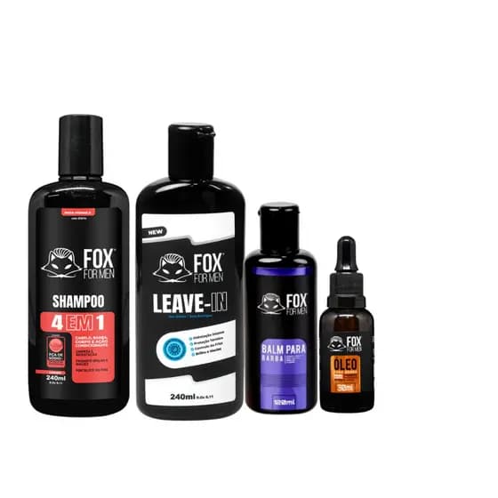 Shampoo 4x1 + Leave In + Óleo Barba+ Balm Barba- Fox For Men