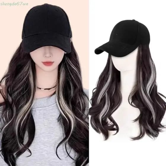 Boné De Beisebol SHENGDA Com Peruca , De Cabelo Longo Ondulado De Água De Uma Peça , Sol Ajustável