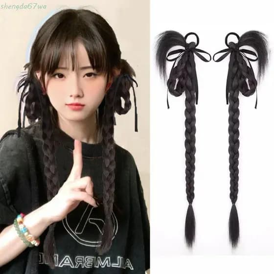 SHENGDA 2 Peças Peruca De Rabo De Cavalo Duplo , Extensão De Cabelo Novo Estilo Chinês Trança Bolha , Fofa
