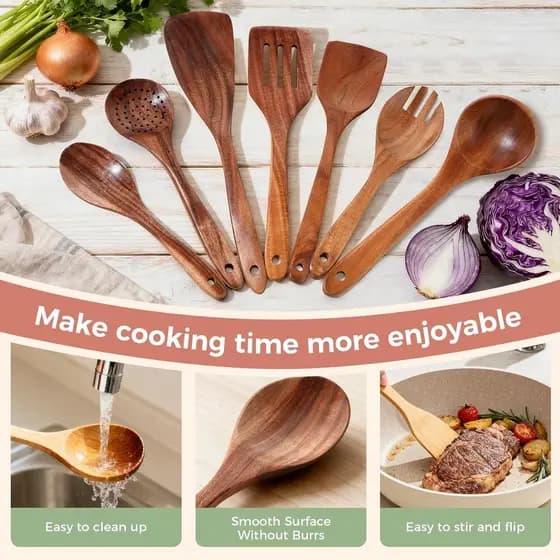 Colheres De Madeira Para Cozinhar-Conjunto De Utensílios De Cozinha De 7 Peças , Teca Natural Suave , Antiaderentes Resi