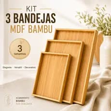 KIT 3 Bandejas de  MDF com estilo Bambu Retangular De Café da Manhã Decorativa Moderna E Elegante
