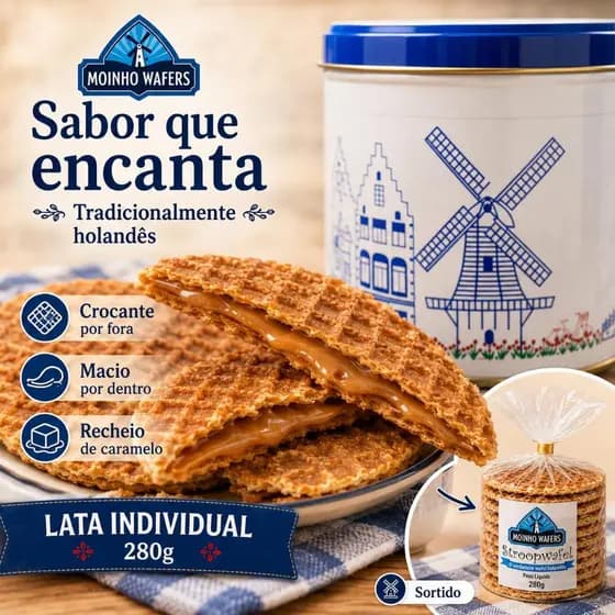 Lata Com Biscoito Wafel Holandês Stroopwafel Moinho 280g ideal para presente