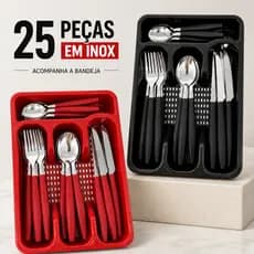 Kit Conjunto Talher Faqueiro com até 25 Peças Aço Inox com Suporte para Gaveta - Preto - Vermelho