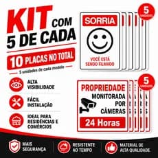 kit até 10 Placas de Sinalização de Monitoramento - Sorria voce esta sendo filmado e propriedade monitorada