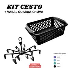 Kit Cesto Organizador e Varal Guarda Chuva 16 Prendedores Dobrável  Multiuso