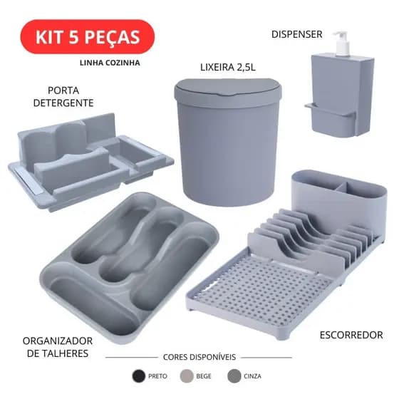 Kit Cozinha 5 Peças Organizador de Pia Completo Lixeira 2,5L Dispenser Escorredor Porta Detergente Talheres