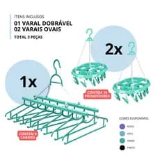 KIT 03 Varais de Lavanderia para Apartamento - 02 Varais oval com 16 prendedores - 01 Varal com 8 cabides