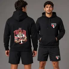 Kit Moletom e Bermuda Tactel Masculina Tricolor Adulto Conjunto São Paulo Bermuda e Blusa de Frio