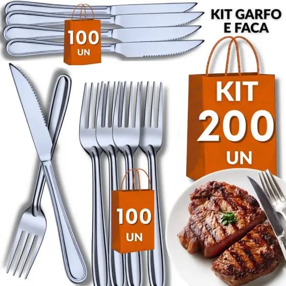 Conjunto 200  Talheres Inox 100 Facas 100 Garfos Cozinha Restaurante Buffet Casa Resistência Qualidade Utilidades