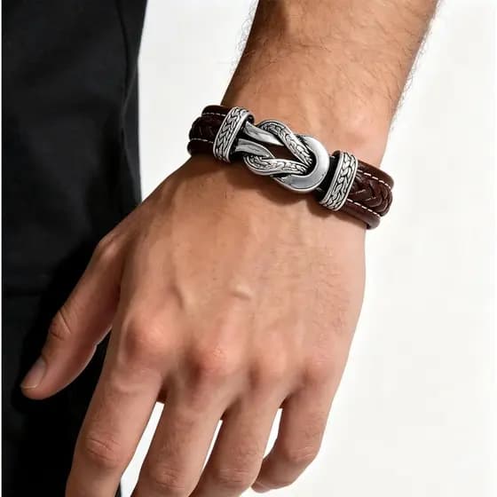 Pulseira De Couro Trançado Masculino Manguito Para Presentes Masculinos Fecho De Aço Inoxidável