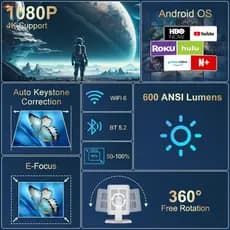 Projetor Nativo 1080P 4K , 600 Lúmens ANSI , WiFi E Bluetooth , Aplicativos Integrados , Foco Elétrico Keystone Automáti