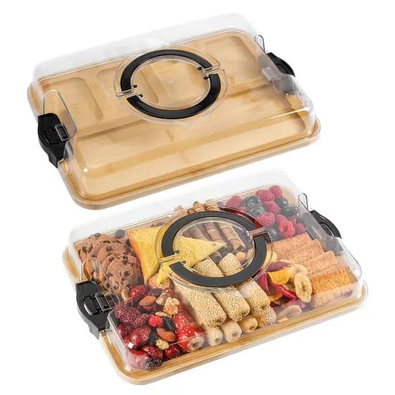 Bandeja de bambu de 1 peça com tampa transparente - Bandeja separada de tábua de queijo para alimentos cozidos de bambu
