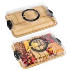 Bandeja de bambu de 1 peça com tampa transparente - Bandeja separada de tábua de queijo para alimentos cozidos de bambu
