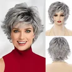 Idosos de meia-idade diário curto médio curto cabelo fofo oblíquo franja peruca curta