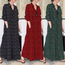 Linho de algodão estampado lapela manga comprida bolso simples solto Casual vestido longo camisa