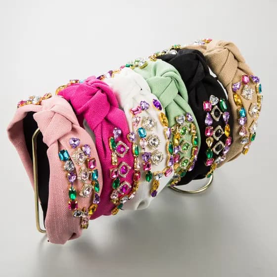 Tiara de cor sólida tecido incrustado de vidro diamante atado bandana de aba larga High-End estilo Retro cabelo