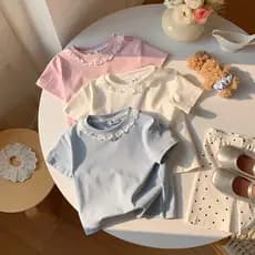Meninas camiseta crianças rendas gola boneca manga curta Casual topo vestido de verão 2026 renda de manga curta verão to