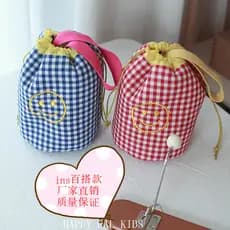 Ins Smiley xadrez bonito balde saco com cordão bolsa do bebê saco do mensageiro armazenamento de brinquedos de estrada