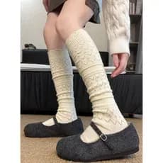 Outono inverno oco lã rendas bezerro meias femininas quentes antiderrapantes Retro Melaleuca malha pilha meias Mid-tube