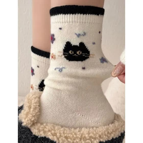 Novo gatinho dos desenhos animados lã Mid-Tube meias femininas outono inverno quente japonês Retro bonito contraste cor