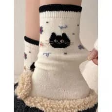 Novo gatinho dos desenhos animados lã Mid-Tube meias femininas outono inverno quente japonês Retro bonito contraste cor