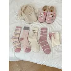 Meias femininas de lã rosa, meias fofas de desenho animado, outono inverno, lã, listras quentes, cor contrastante, meias