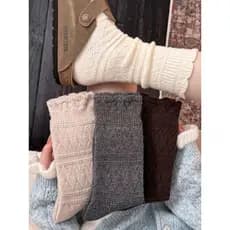 Meias de lã branca rendas Mid-Tube mulheres outono inverno estilo japonês oco malha pilha meias engrossadas botas quente