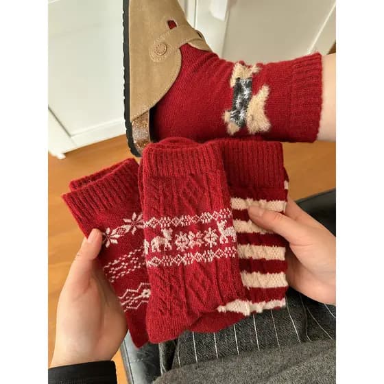 Phil Island Estilo Retro Listrado Lã Mid-Tube Meias Mulheres Inverno Engrossado Quente Vermelho Benming Ano Doce Meias d