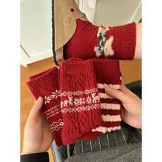 Phil Island Estilo Retro Listrado Lã Mid-Tube Meias Mulheres Inverno Engrossado Quente Vermelho Benming Ano Doce Meias d
