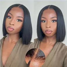 Peruca Bob Nakkia de 14 Polegadas em Cabelo Humano, Pré-Desfiada, Pré-Cortada, com Renda Frontal Transparente HD, Pronta