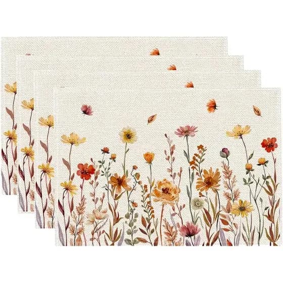 RABUSOFA Conjunto de 4 Sousplats Florais de Outono para Caminho de Mesa, Decoração de Mesa de Jantar de Cozinha com Tema