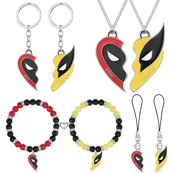 Conjunto de 8 Peças de Colares, Pulseiras e Chaveiros Deadpl e Wolvers, Série Colar de Melhores Amigos para 2, Pulseiras