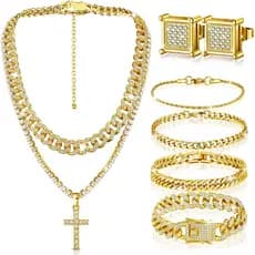 Conjunto de Joias Hip Hop Yinkin com 6 Peças para Homens, Pulseira de Corrente com Strass, Brincos, Conjunto de Joias co
