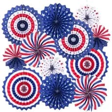 Decorações Patrióticas para o 4 de Julho, Conjunto de 12 Leques de Papel Vermelho, Branco e Azul para o 4 de Julho Ameri
