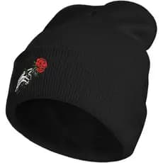 Gorro de Inverno com Bordado de Crânio e Rosa para Homens e Mulheres, Quente, Elástico, em Tricô, Preto