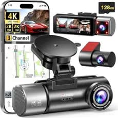 Câmera Veicular de 3 Canais 4K+2K+2K, Frontal e Traseira, Cartão de 128GB Incluído, Câmera para Carros com Wifi Duplo 5.